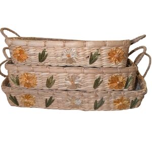 Vintage Raffia Handwoven Daisy Floral Accent Baskets Casserole